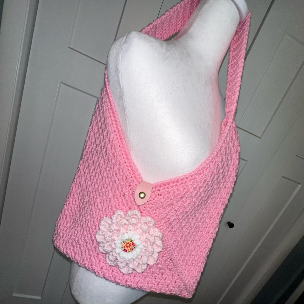 Handmade Pink Crochet Shoulder Bag with Faux Leather Snap Closure